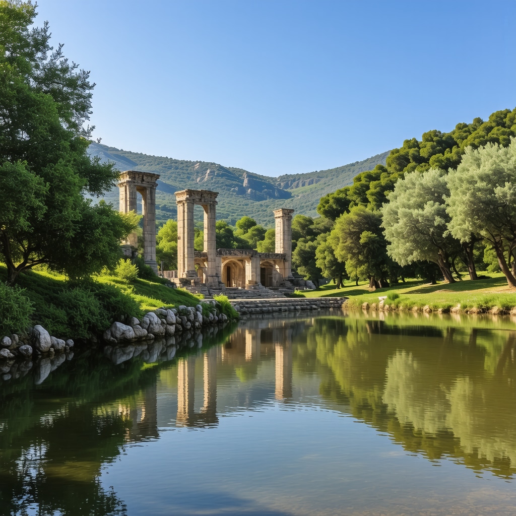 Ancient ruins amidst lush greenery and lake in Butrint National Park
