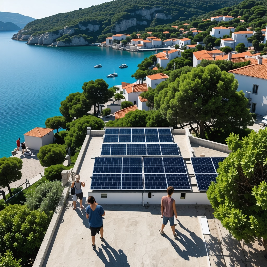 Aerial view of Hvar island showing solar panels and tourists using sustainable tourism apps