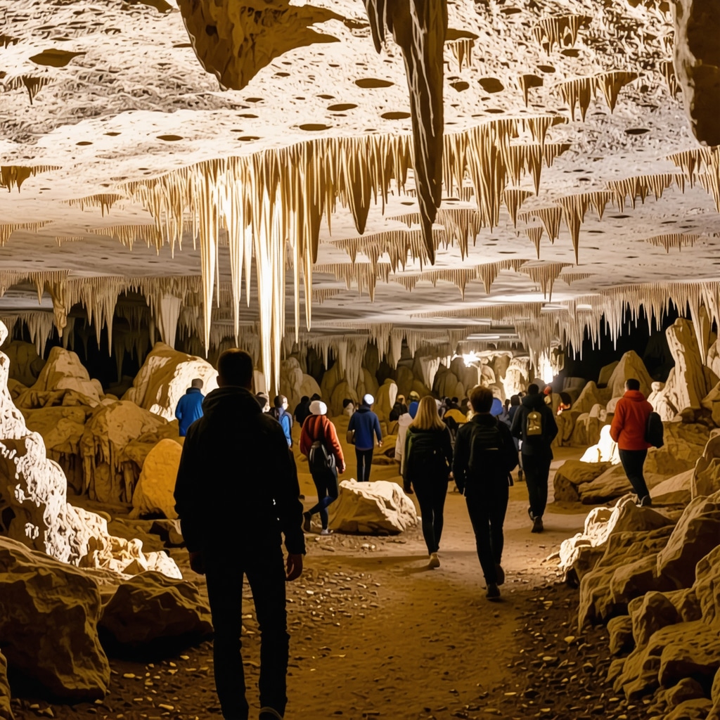 Tourists exploring illuminated stalactites and stalagmites inside Postojna Cave