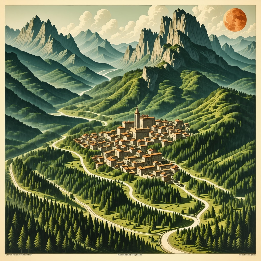 Infographic depicting scientific research methods and sustainable tourism practices in a forested Balkan city with ancient ruins