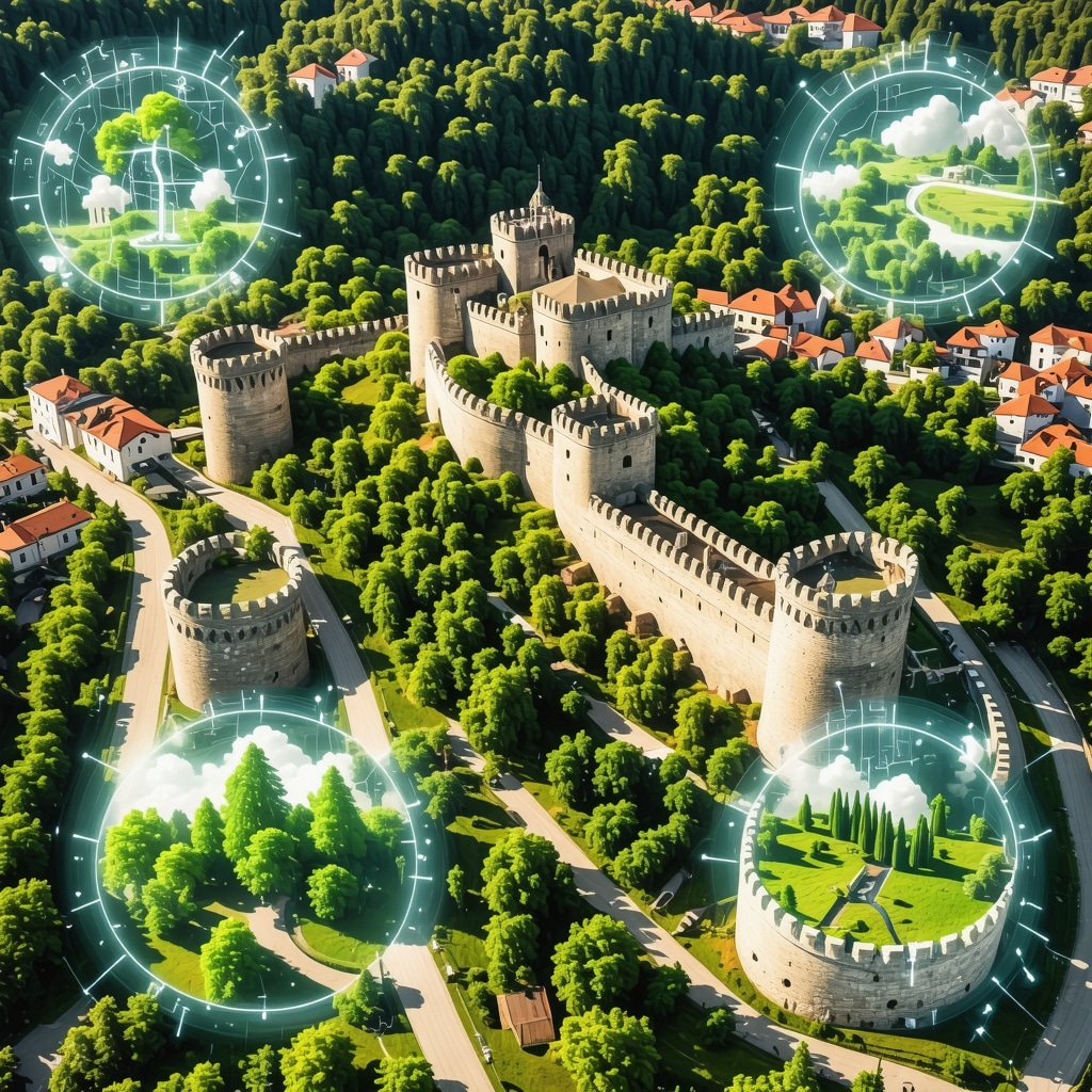 Aerial view of Banja Luka with Kastel fortress and digital overlays illustrating advanced conservation and sustainable tourism efforts