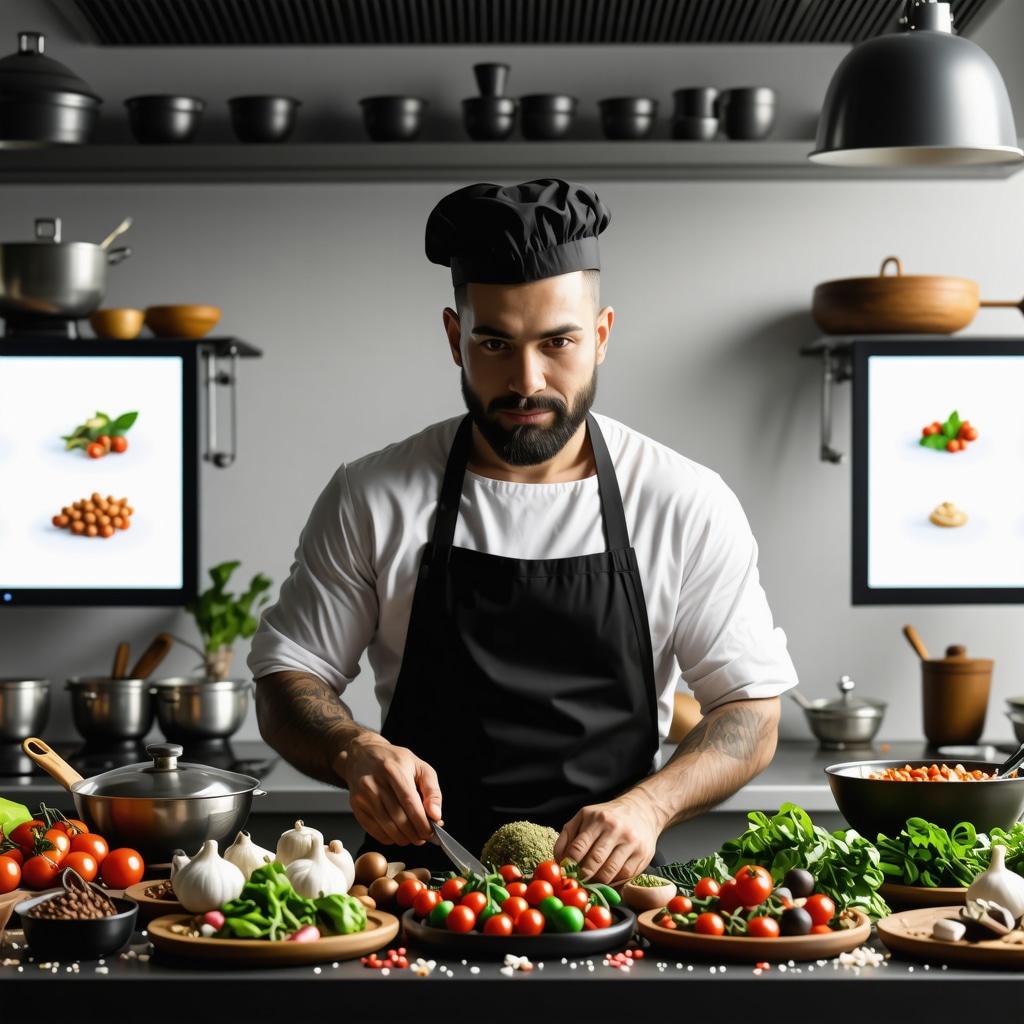 Chef preparing traditional Greek dishes in a modern kitchen with digital recipe displays and fresh local ingredients