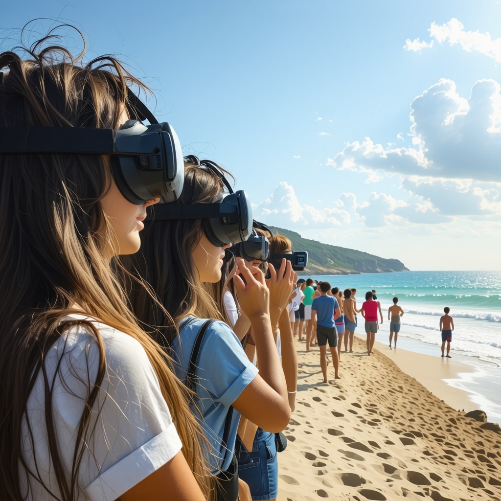 Tourists using virtual reality and mobile apps to experience cultural heritage at Burgas beach