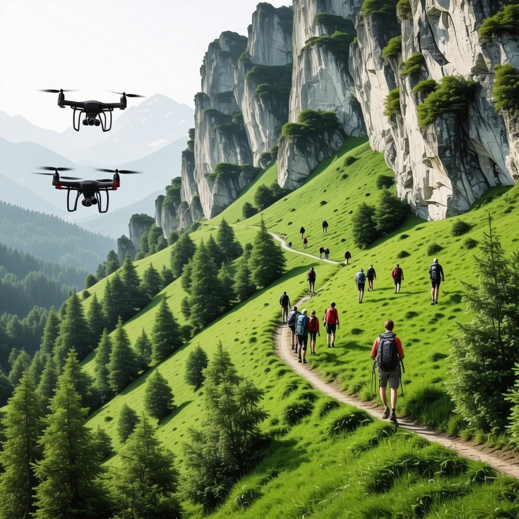 Eco-friendly hiking trails and tourists in Rugova Canyon with drones and sensors monitoring environment