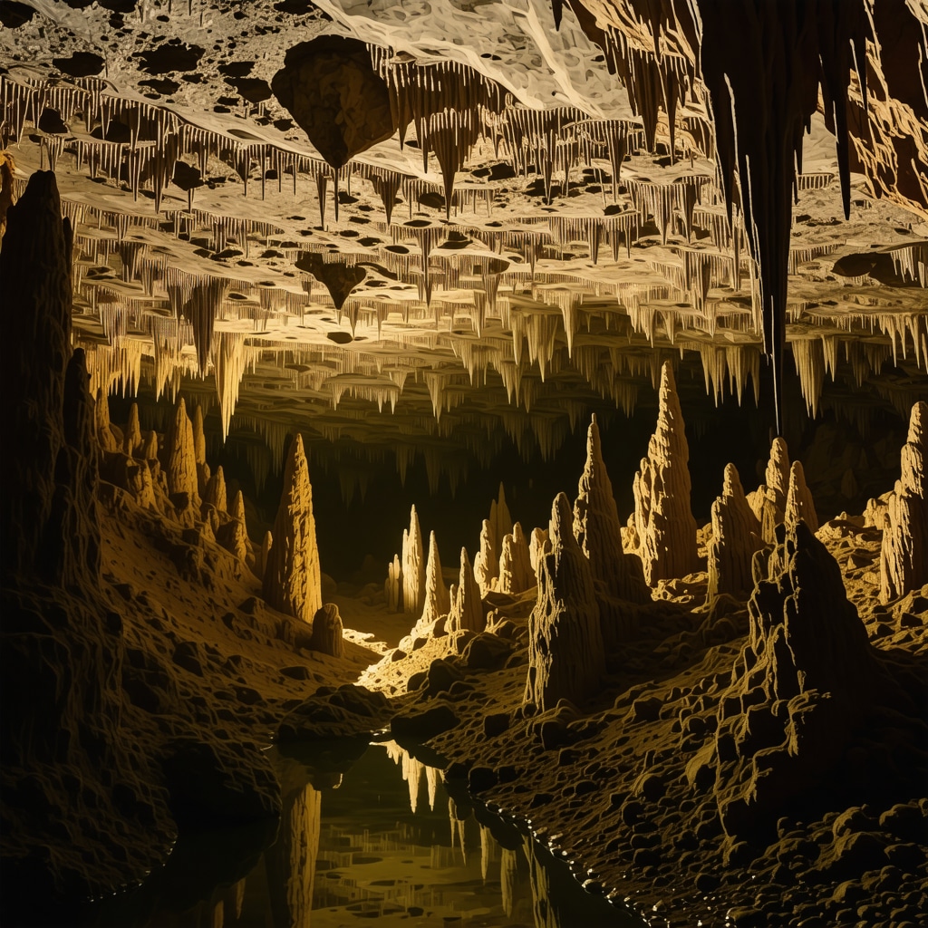 Postojna Cave interior with stalactites and stalagmites illuminated softly
