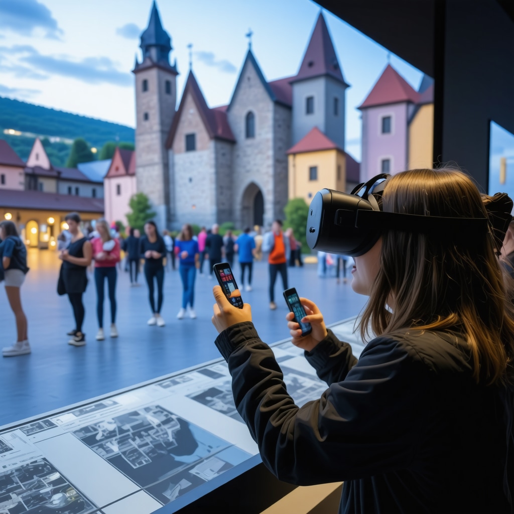 Visitors using augmented reality and virtual reality technology to explore Sibiu's historic architecture