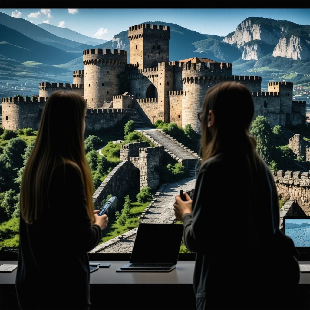 Visitors interacting with an augmented reality digital exhibit of Jajce Fortress