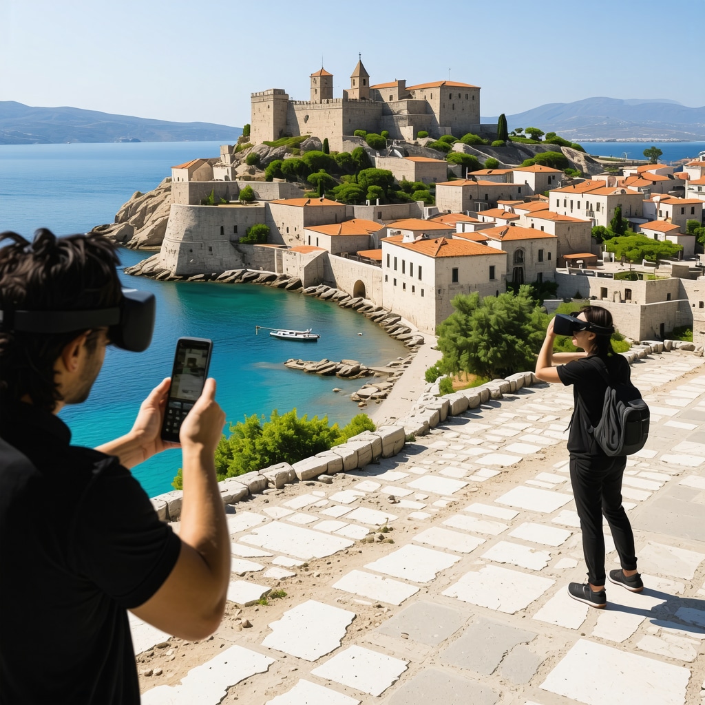 Tourists using augmented reality applications exploring historical landmarks in Nafplio