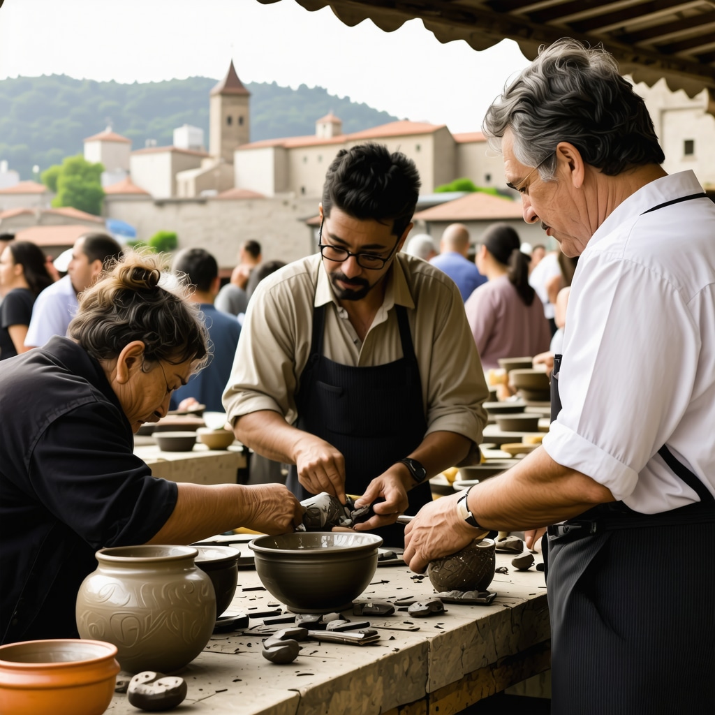 Tourists and local artisans crafting traditional Bosnian ceramics and woodwork in Sarajevo