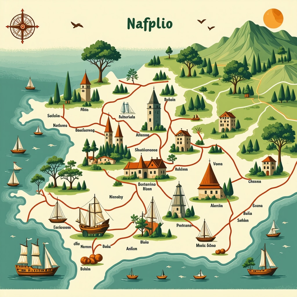 Map showing Balkan tourism routes with cultural and gastronomic icons including Nafplio