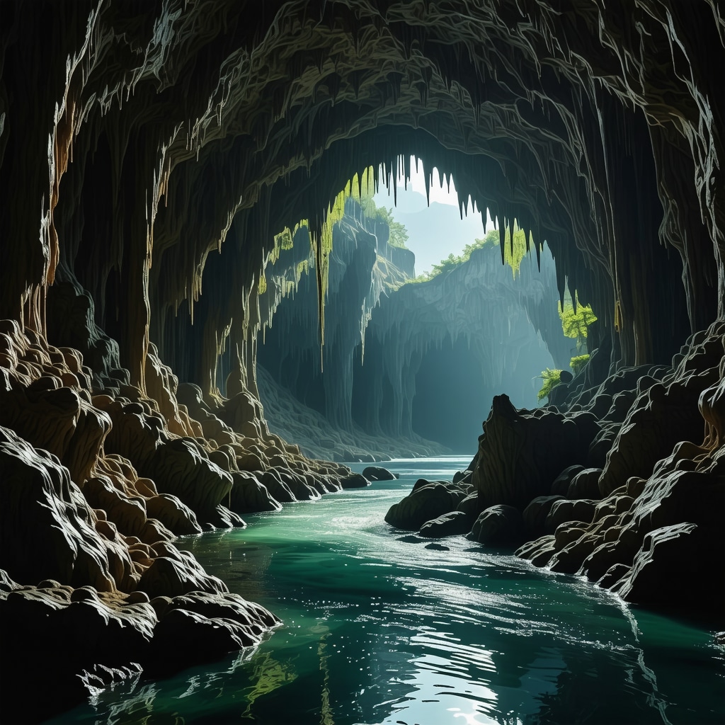 Underground karst cave interior with stalactites, stalagmites and river