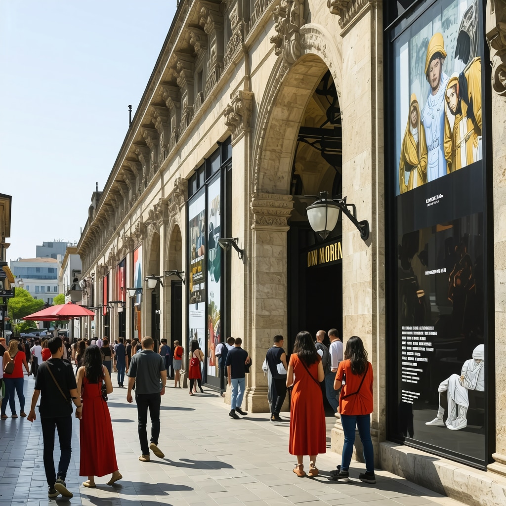Street scene in Izmir with ancient buildings and digital technology promoting cultural heritage and sustainable tourism