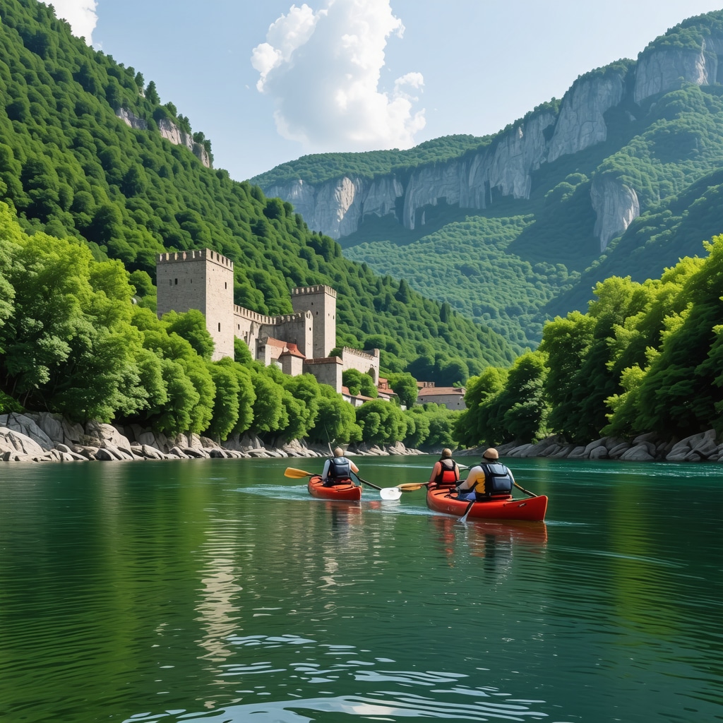 Kayakers navigating Drina River canyon with medieval Višegrad fortress and green hills