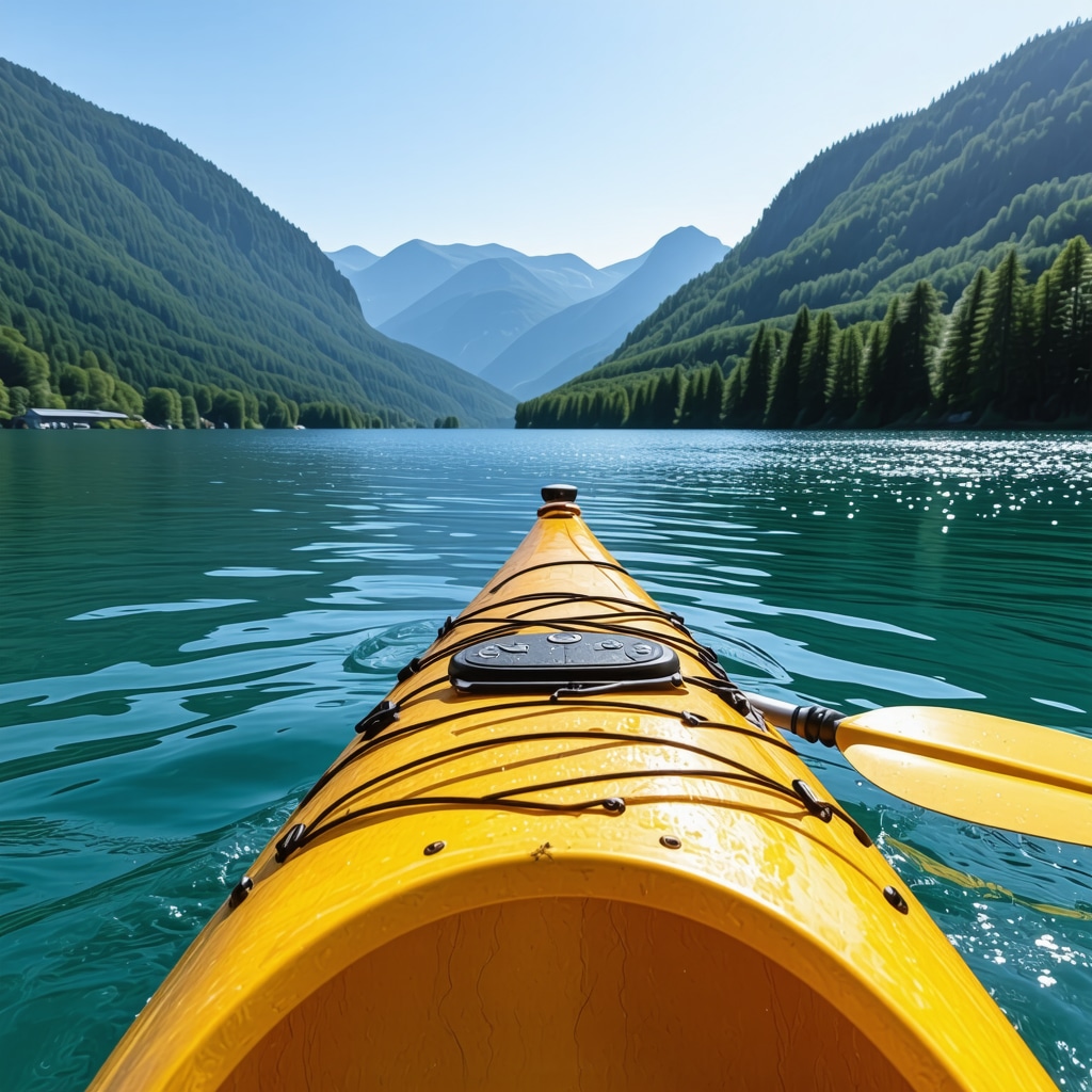 Person kayaking on Lake Bohinj with green mountains and clear blue sky