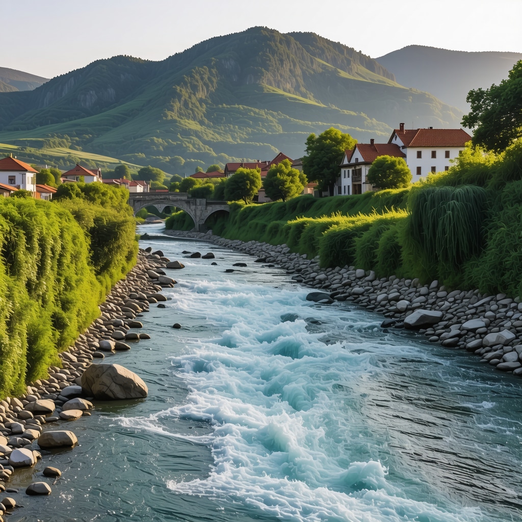 Beautiful view of Neretva river with historic bridge and Bosnian architecture in Konjic
