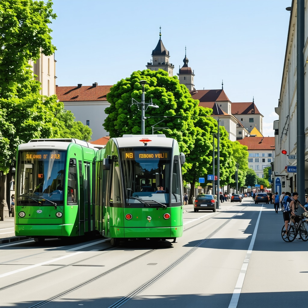 Electric buses and bicycle lanes in Ljubljana with castle visible in the background
