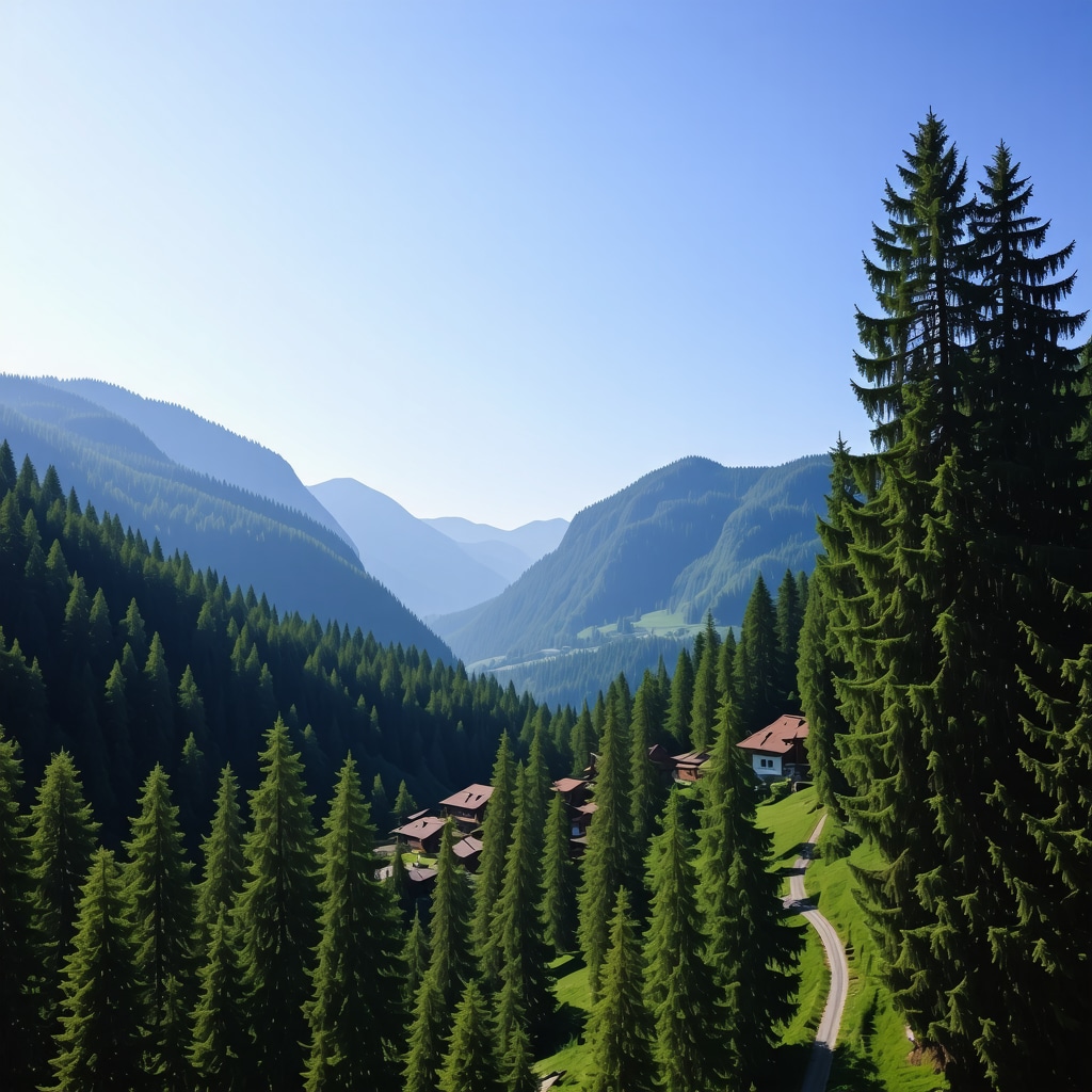 Aerial view of the Sharri Mountains with dense forests and a traditional village near Tutin under sunny weather