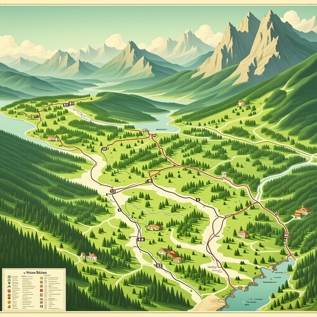 Illustration of Balkan region highlighting sustainable tourism trails, cultural sites, and eco accommodations
