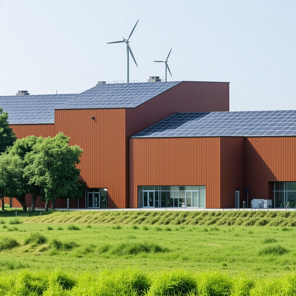 Historic industrial buildings in Maribor integrated with green energy technology such as solar panels and wind turbines