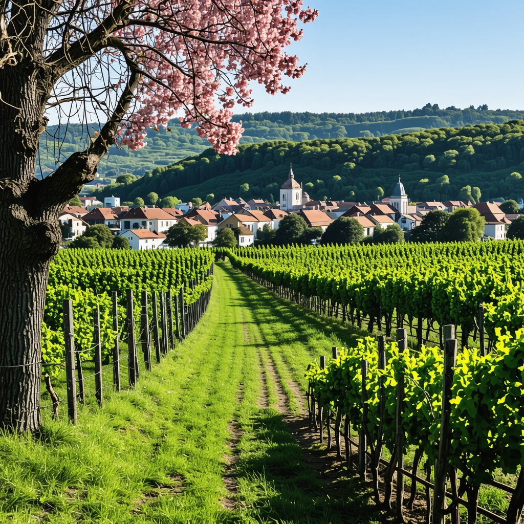 Panoramic view of Maribor city featuring vineyards and historic buildings in spring