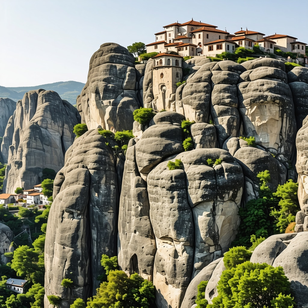 Panoramic view of Meteora's rock formations and monasteries with augmented reality information overlays