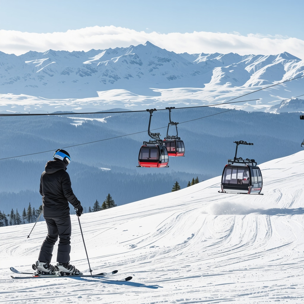 Panoramic view of Borovets ski resort featuring advanced ski lifts, skiers with wearable tech, and electric shuttles amidst snowy Rila Mountains