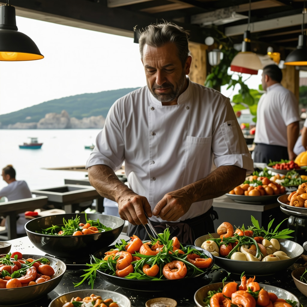 Chef preparing fresh Adriatic seafood dishes in a kitchen overlooking Zadar coast and local markets
