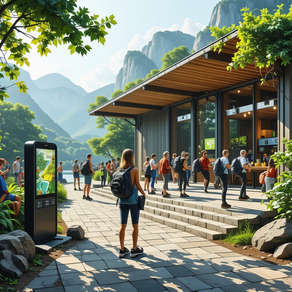 Eco-tourism center with digital kiosks and tourists using mobile devices in natural setting of Konjic