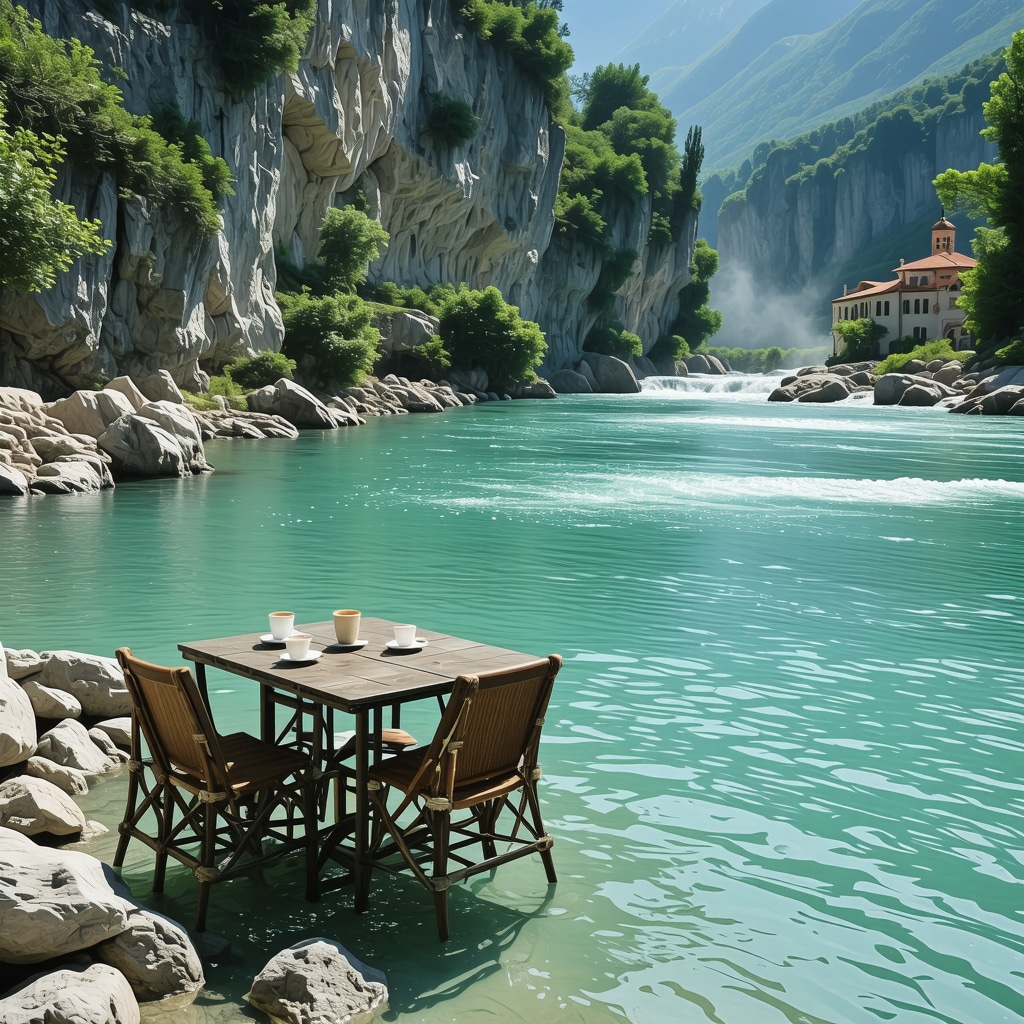 Serene view of Buna river source with rocky cliffs and Blagaj monastery in the background, locals enjoying coffee by the riverbank in morning light