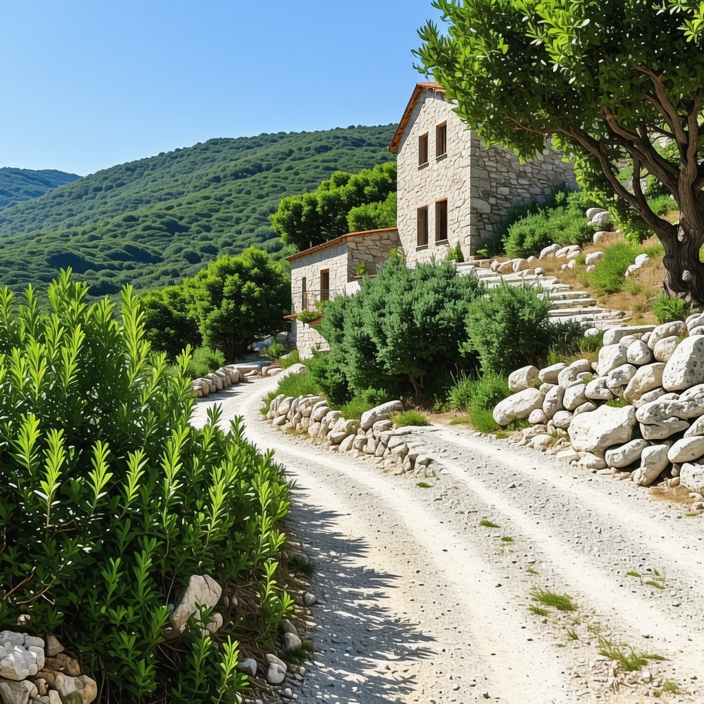 Scenic mountain trail with greenery and traditional stone houses near Vodice, Croatia