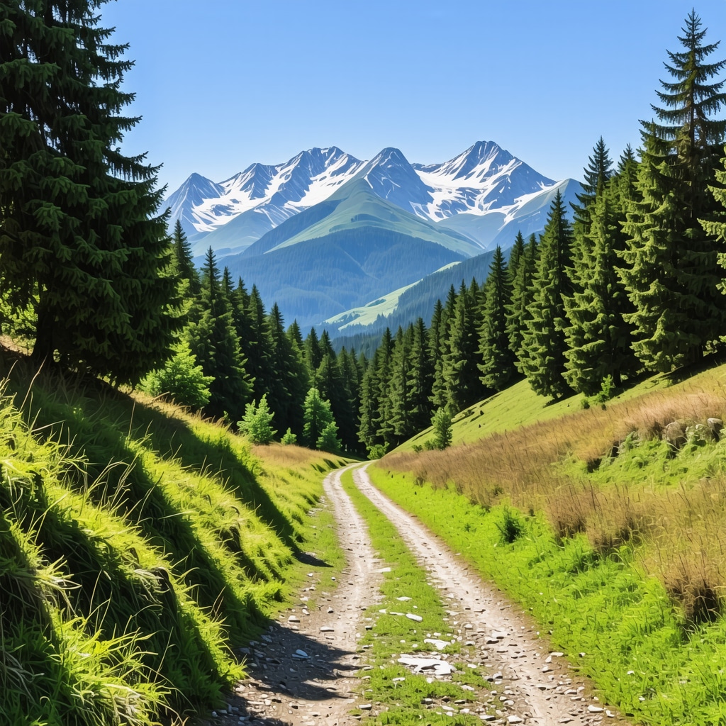 Scenic mountain trail with forest and snow-capped peaks near Banja Luka