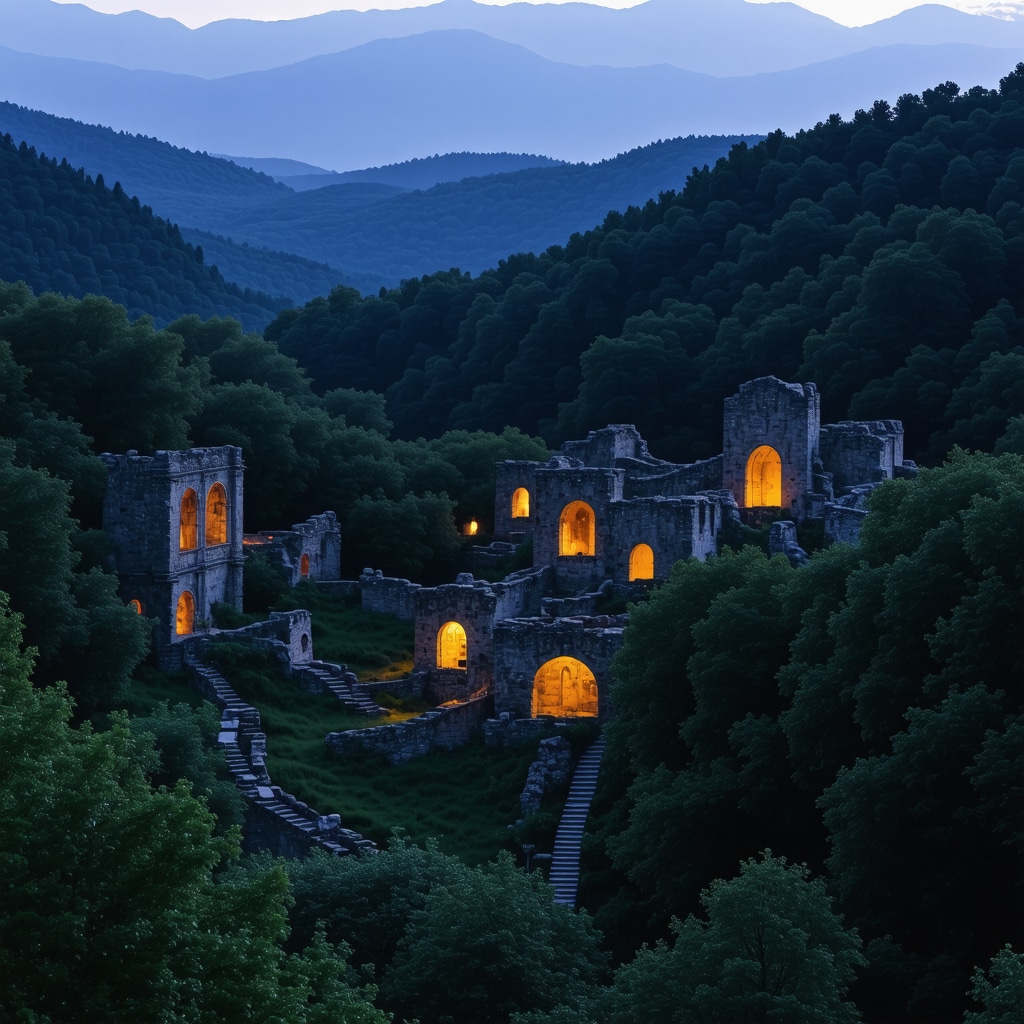 Devil's City ancient ruins surrounded by dense forest with glowing mysterious lights at dusk