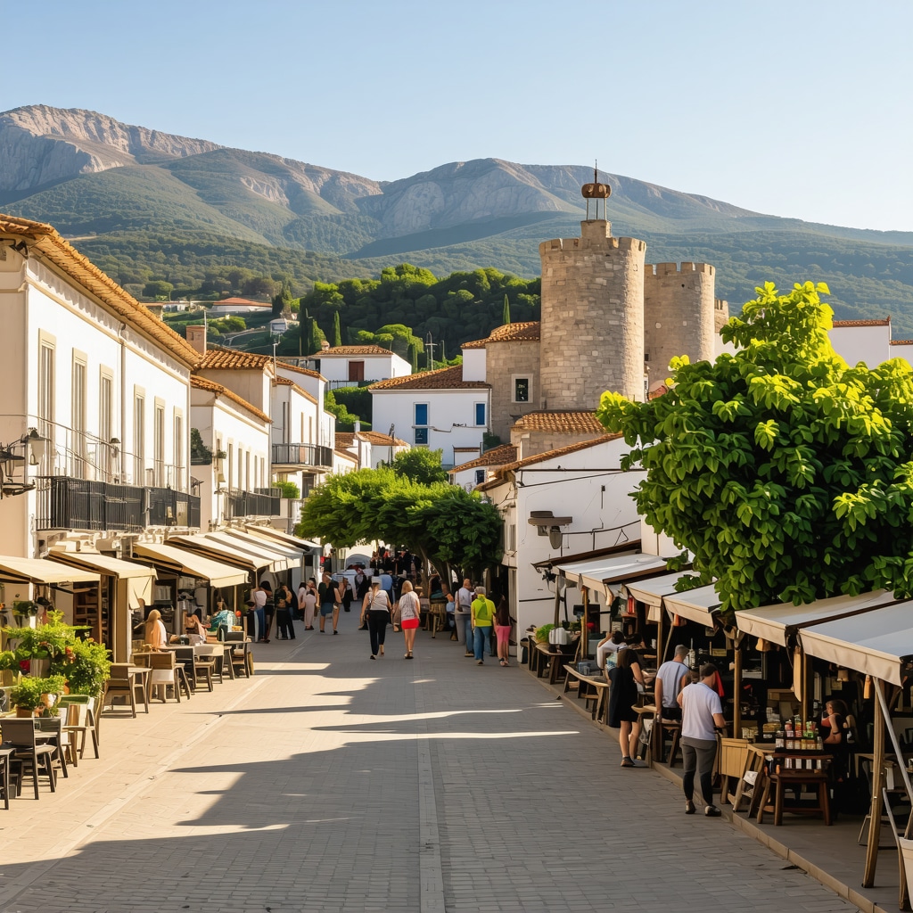 View of Nafplio's old town featuring Venetian buildings, local market, and Palamidi fortress by the sea