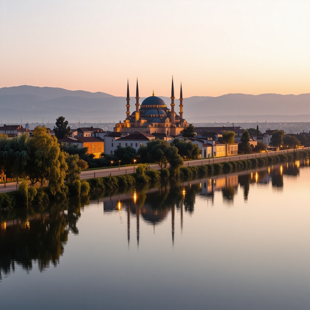 Panoramic view of Edirne showcasing Selimiye Mosque and rivers Meriç and Tunca during sunset