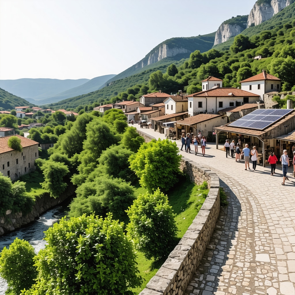 Panoramic view of Trebinje with sustainable tourism elements like hiking trails, solar panels, and tourists using mobile technology