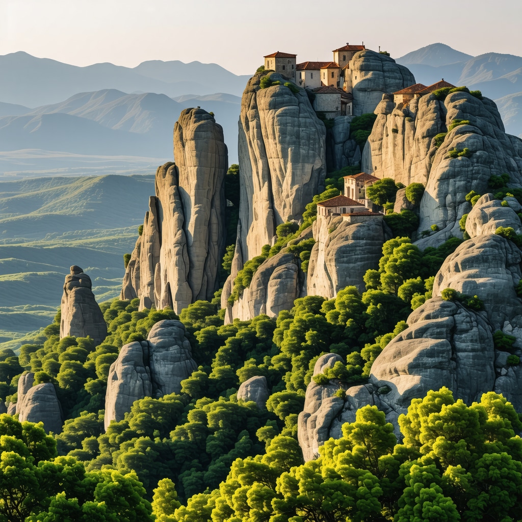 Meteora monasteries on rock pillars illuminated by warm sunlight with green valleys around