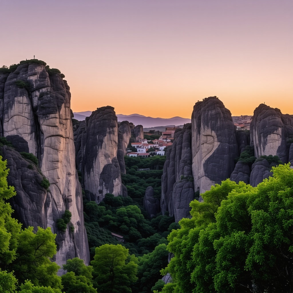 Ancient Meteora monasteries on rock pillars during sunset