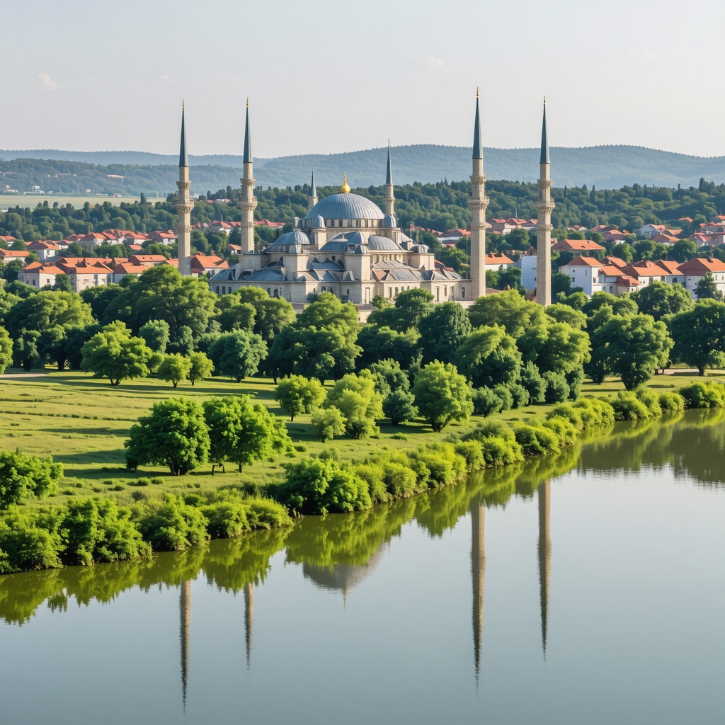 Selimiye Mosque with grand dome and minarets surrounded by rivers and green landscape in Edirne