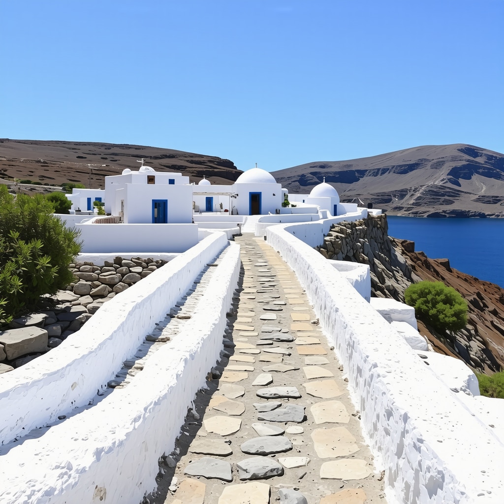Hiking trail overlooking Santorini caldera with white and blue houses