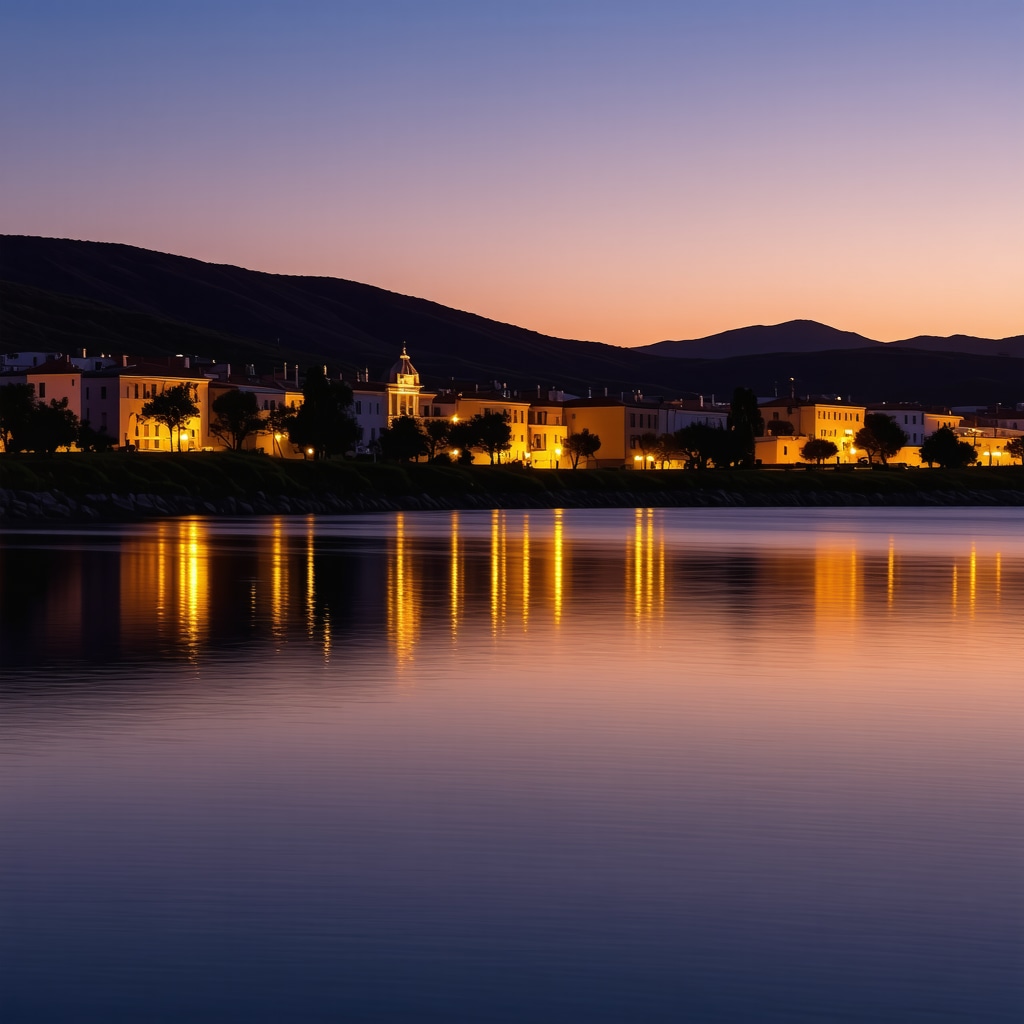 Sunset panorama of Gevgelija with cultural landmarks and lake