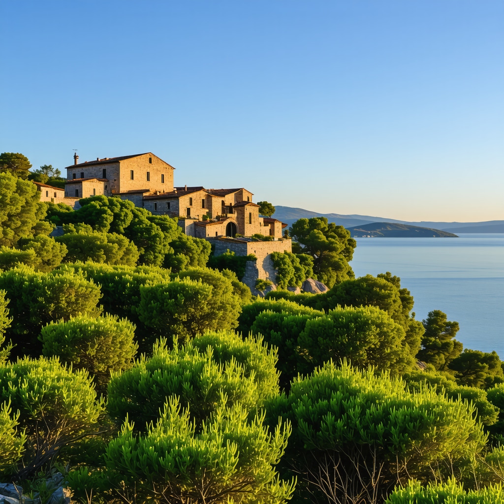 Panoramic view of Brač island showing medieval stone village in green hills and Adriatic sea