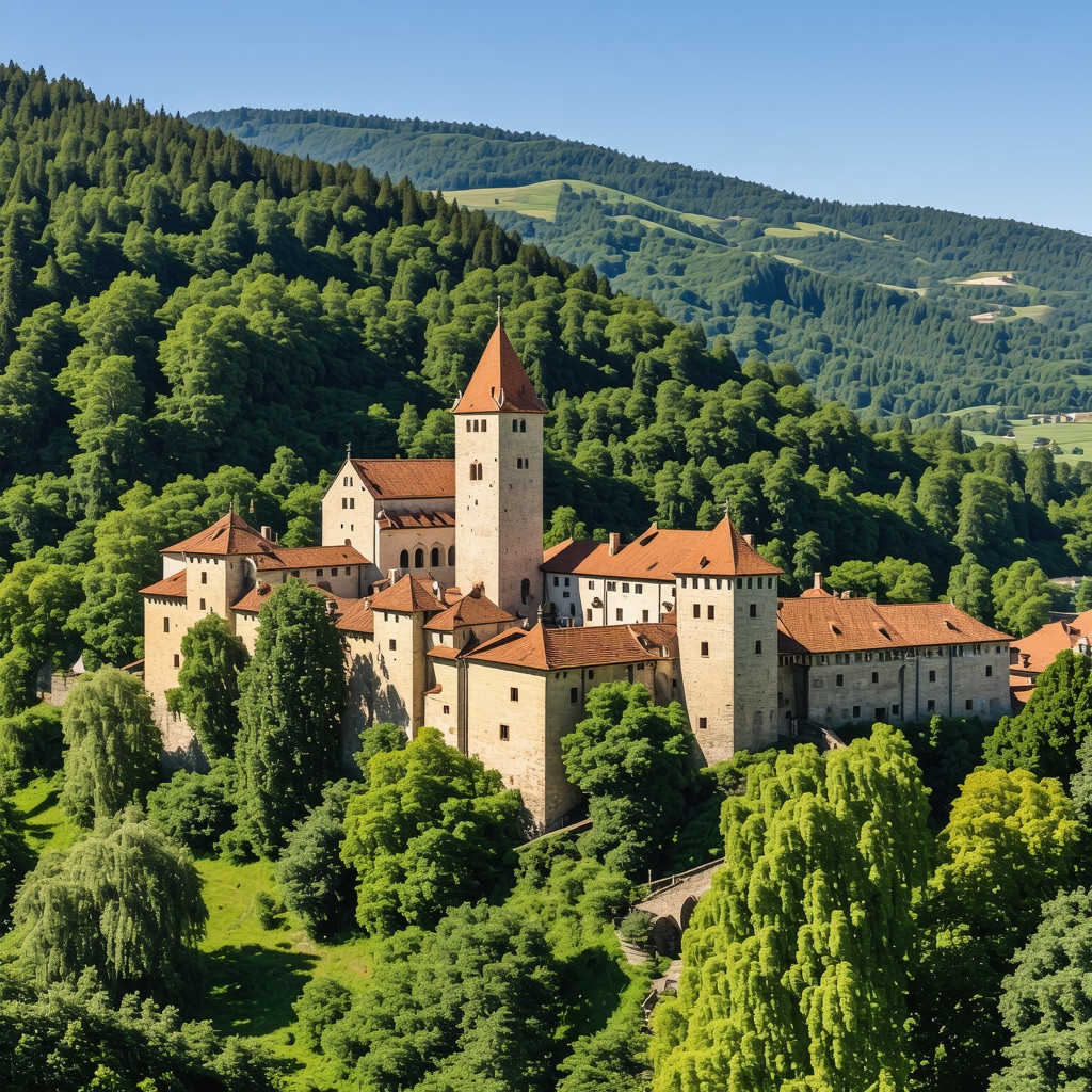 Brașov medieval castle surrounded by green Carpathian Mountains under blue sky