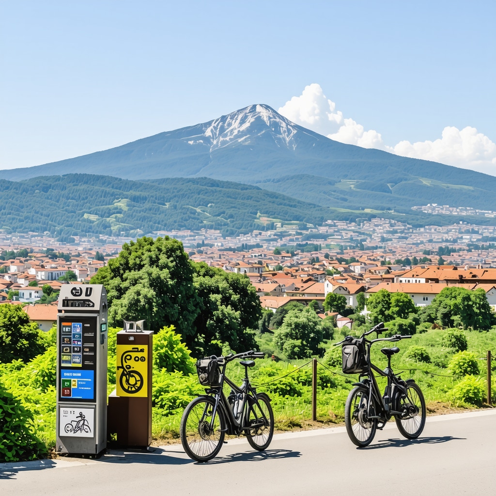 View of Brașov city with Mount Tampa, hiking trails, and sustainable tourism symbols