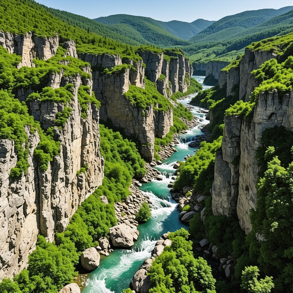 Scenic panoramic view of Đerdap Canyon featuring the Drina river and surrounding cliffs with greenery
