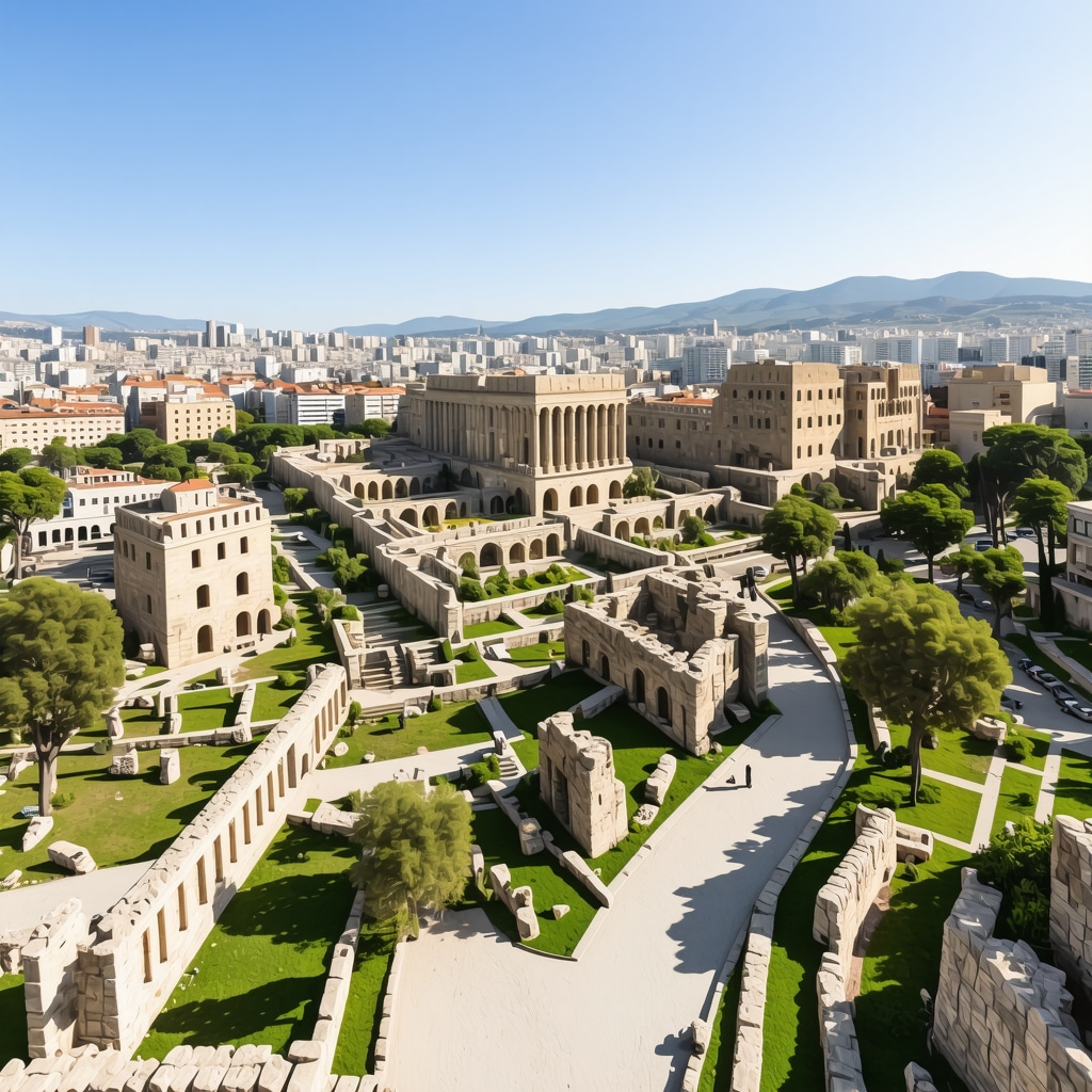 Izmir cityscape showing integration of ancient ruins with modern green architecture and digital technology