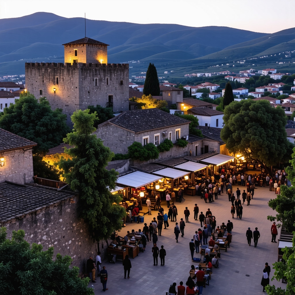 Aerial panoramic view of Krujë with castle and old bazaar during sunset
