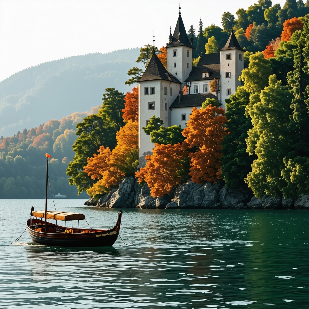 Lake Bled showing castle on cliff with colorful autumn trees and traditional boat on water