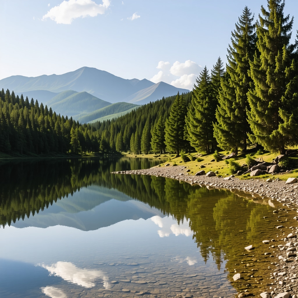Panoramic alpine forest and lake view in Mavrovo National Park