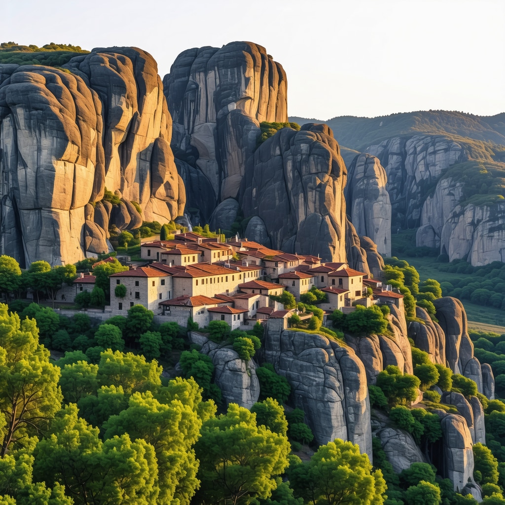 Meteora monasteries perched on towering rocks during sunset with warm golden light