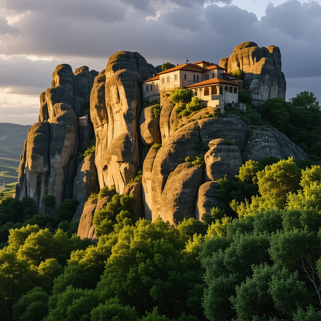 Meteora monasteries on tall rock pillars illuminated by golden sunlight with lush green surroundings and dramatic sky